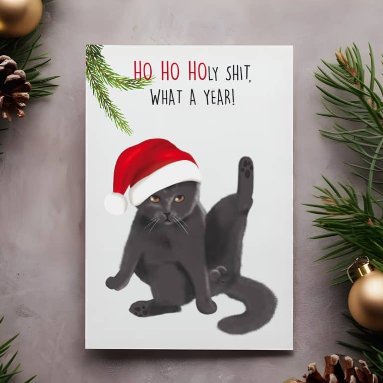 Weihnachtskarte mit schwarzer Katze und dem Spruch Ho ho holy shit, what a year