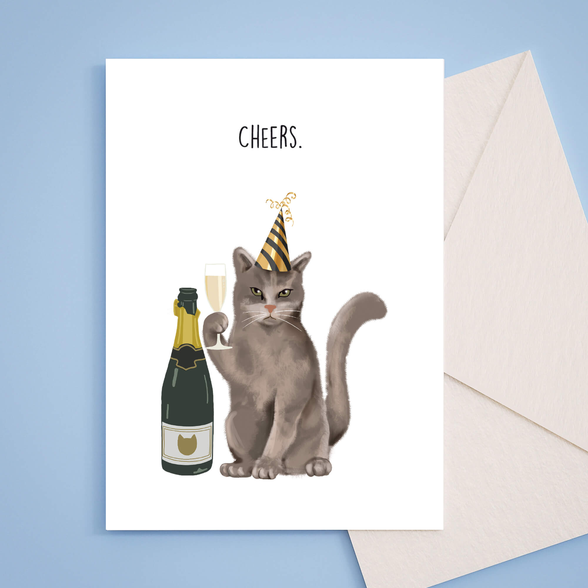 Karte Cheers, Prost, Geburtstagskarte Katze