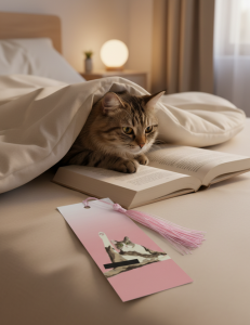 Katze im Bett mit Buch und Lesezeichen