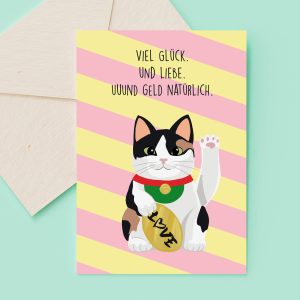 Lucky Cat Karte, Grußkarte, Geburstagskarte Katze