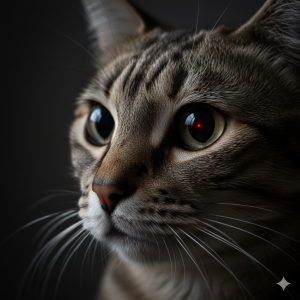 Katze mit geweiteten Pupillen fixiert Laserpointer-Punkt