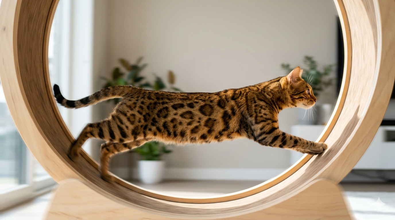 Aktive Katze auf Holz-Katzenlaufrad in heller Wohnung