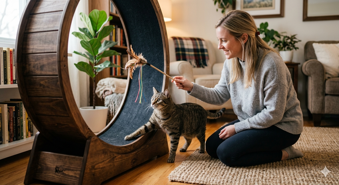 Katzenbesitzerin motiviert ihre Katze mit Leckerli zur Nutzung des Katzenlaufrads