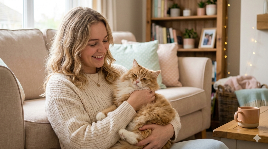 Katze Urlaubsbetreuung – Katzensitter hält Katze im Arm