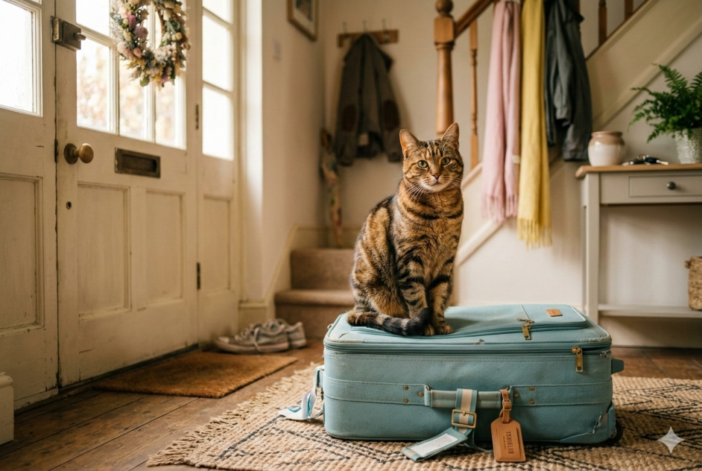 Katze Urlaubsbetreuung – Katze sitzt auf gepacktem Koffer