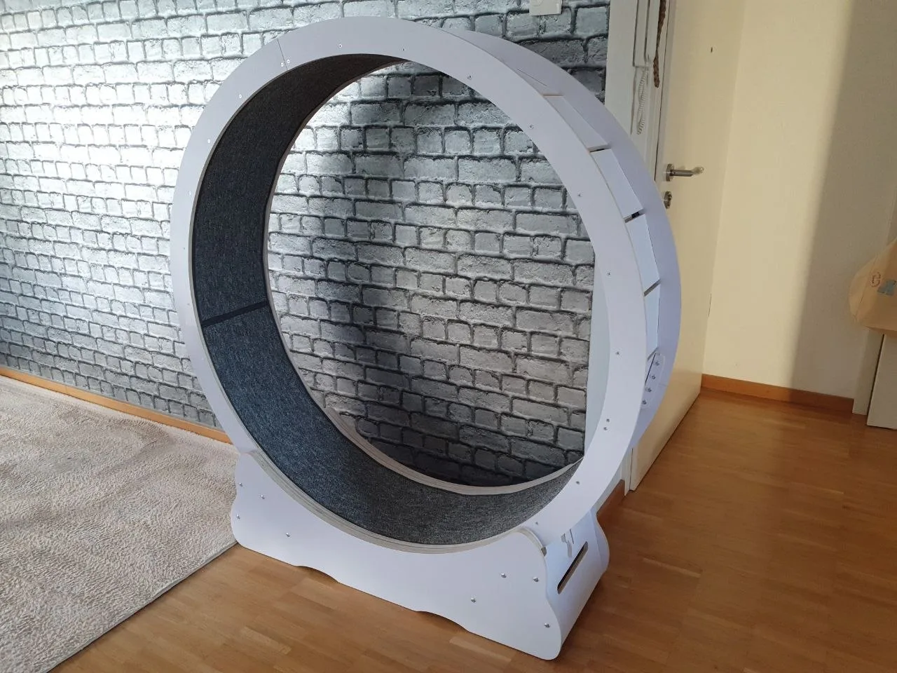 Fertig aufgebautes weißes XL-Holzlaufrad von Canadian Cat Company mit grauer Lauffläche