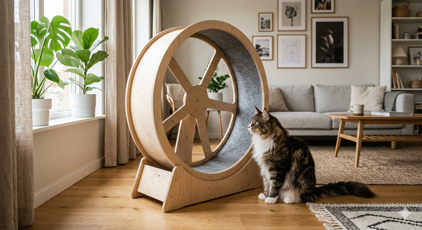 Katzenlaufrad in modernem Wohnzimmer mit Katze auf der Lauffläche