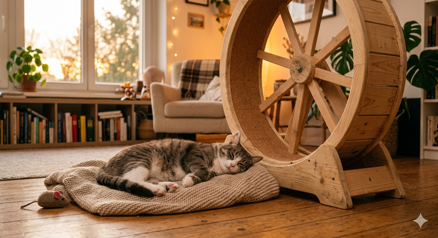 Katze liegt entspannt in einem modernen Katzenlaufrad