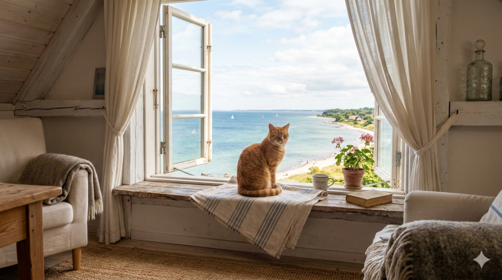 Urlaub mit Katze an der Ostsee – Katze im Ferienhaus mit Meerblick