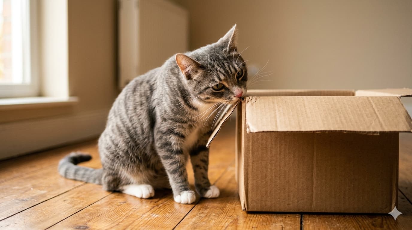 Graue Tabby-Katze beschnuppert einen Pappkarton, bevor sie ihn betritt