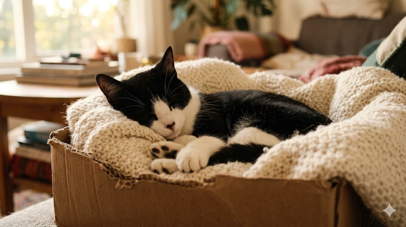 Schwarz-weiße Tuxedo-Katze schläft eingerollt auf einer Strickdecke im Karton