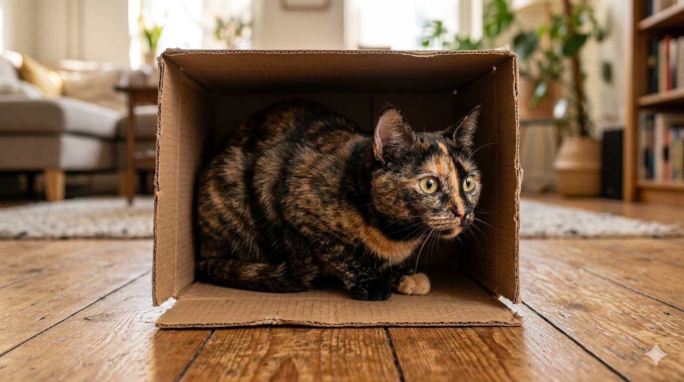 Rote Tabby-Katze versteckt sich im Karton und schaut neugierig über den Rand