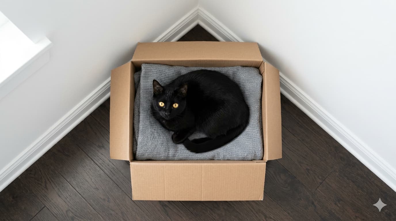 Schwarze Katze sitzt entspannt in einem Karton in einer gemütlichen Wohnzimmerecke