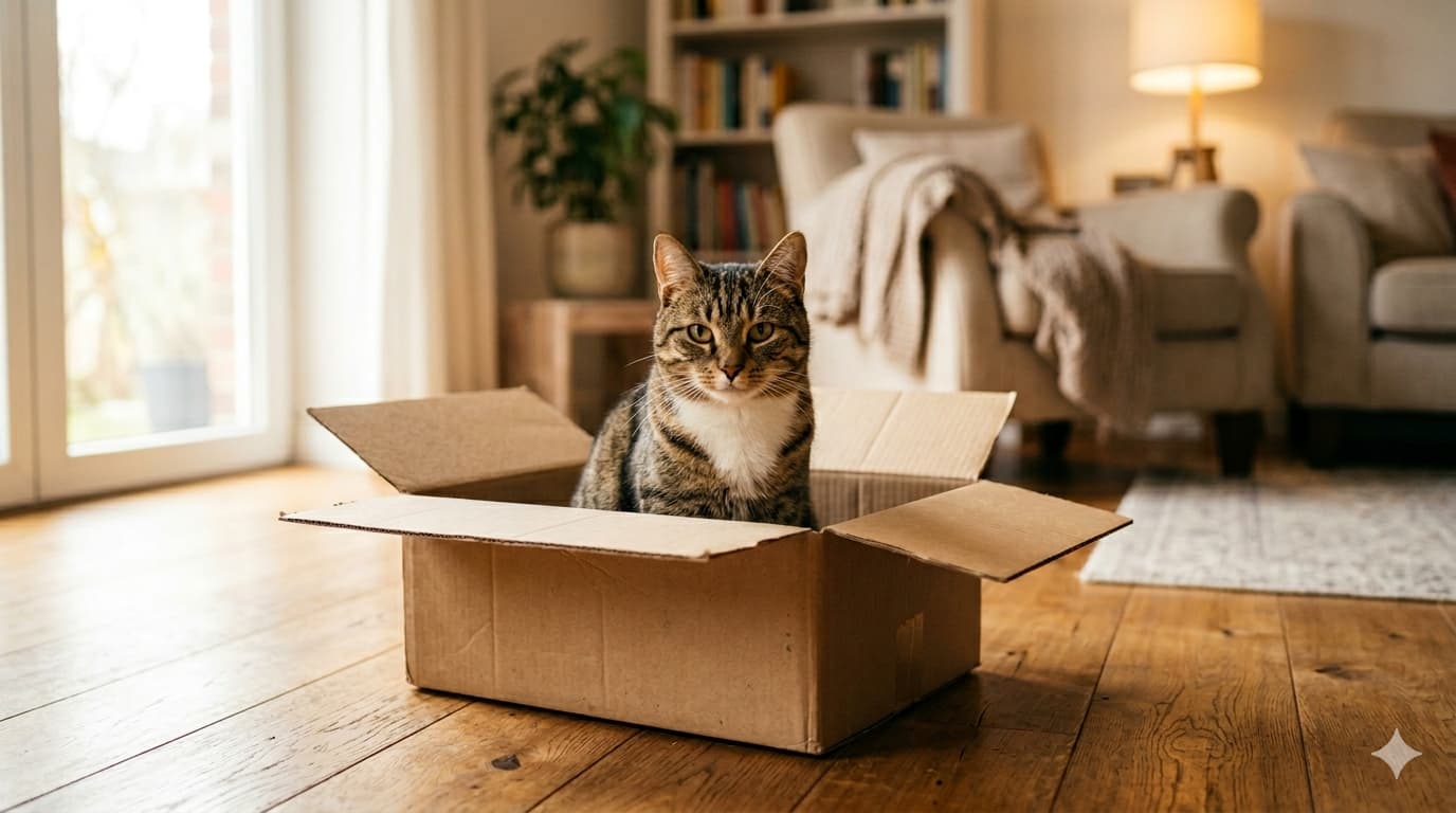 Getigerte Katze sitzt entspannt in einem braunen Karton im warmen Wohnzimmerlicht