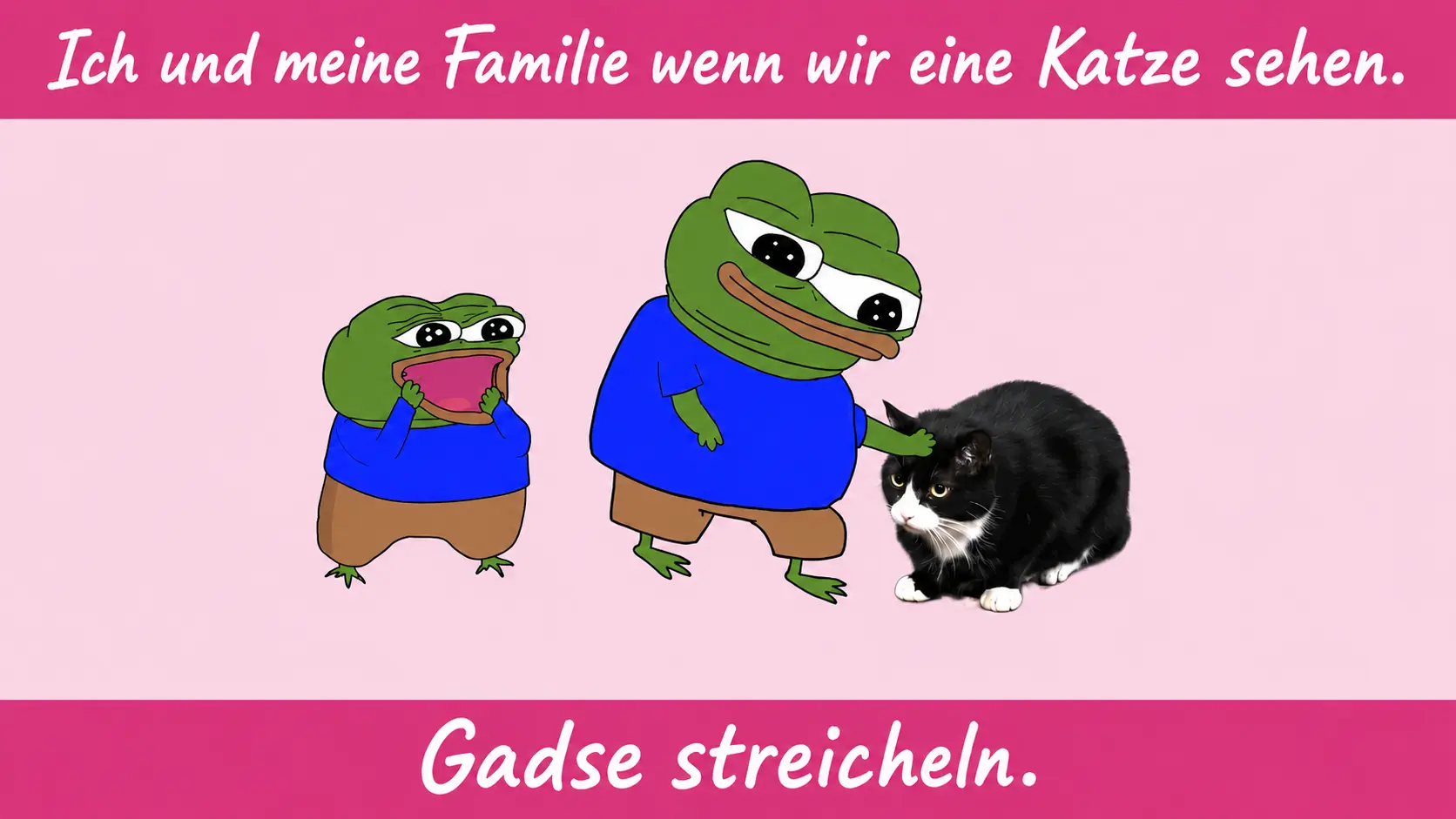 Gadse streicheln: Cartoon-Illustration einer Familie mit zwei Menschen und einer schwarzen Katze, Text oben „Ich und meine Familie wenn wir eine Katze sehen
