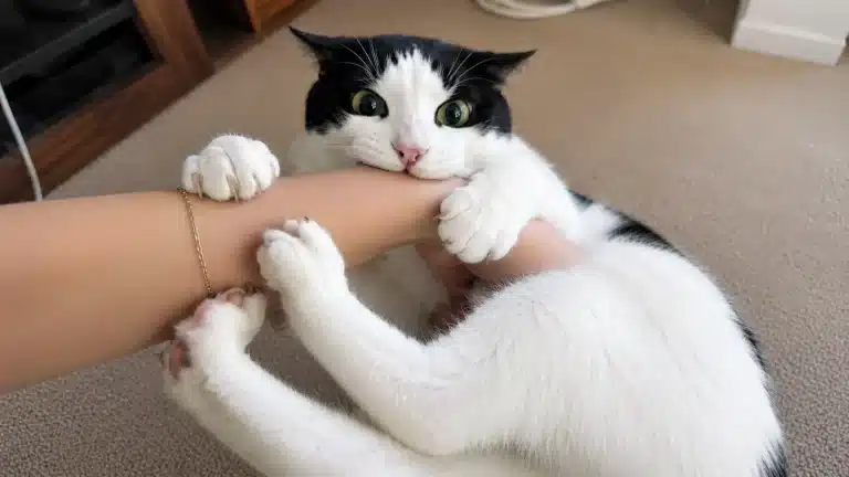 Katze Bunny Kick – schwarz-weiße Katze hält Arm fest und tritt mit Hinterbeinen beim Spielen