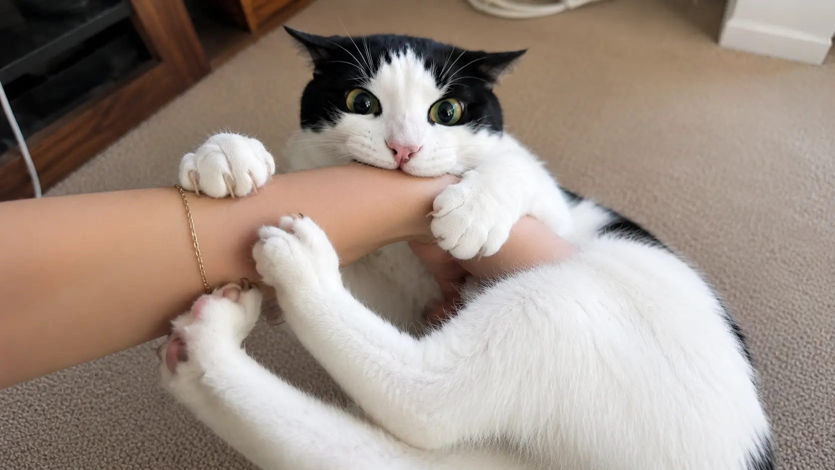 Katze Bunny Kick – schwarz-weiße Katze hält Arm fest und tritt mit Hinterbeinen beim Spielen