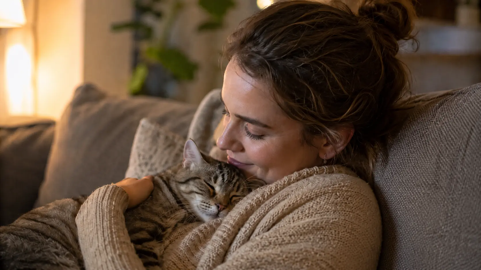 Taube Katze kuschelt mit ihrer Katzenmama auf dem Sofa