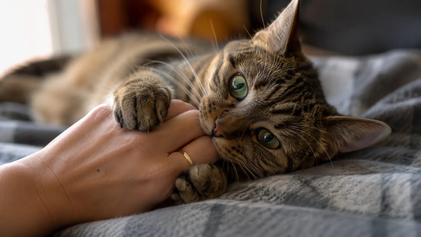 Liebesbiss Katze – Miezi hält Finger mit Pfoten fest und knabbert sanft