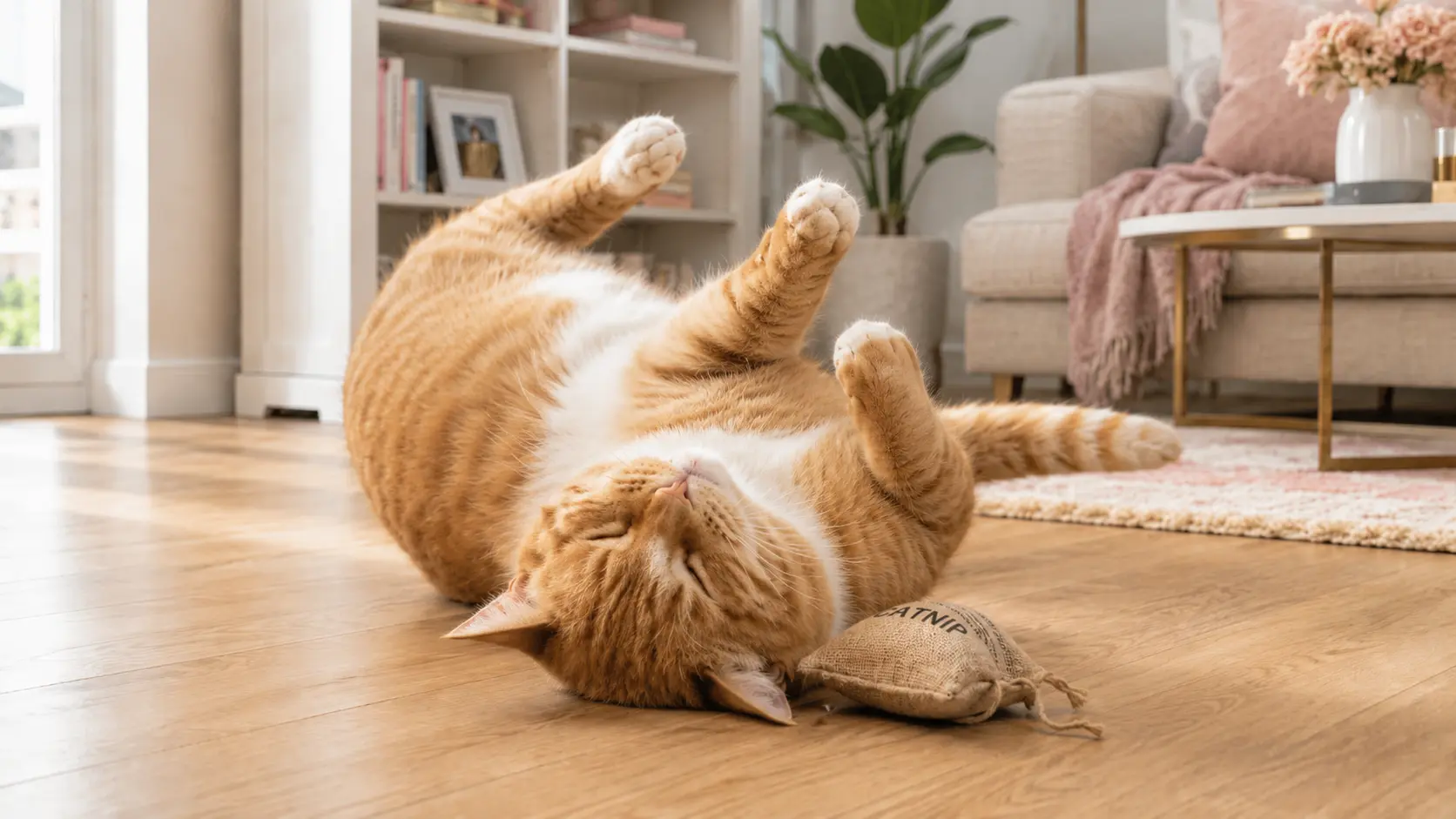 Katze rollt sich verzückt auf dem Boden nach dem Kontakt mit Katzengamander