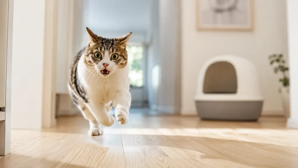 Katze rennt mit Zoomies nach dem Klogang durch die Wohnung