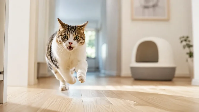 Katze rennt mit Zoomies nach dem Klogang durch die Wohnung
