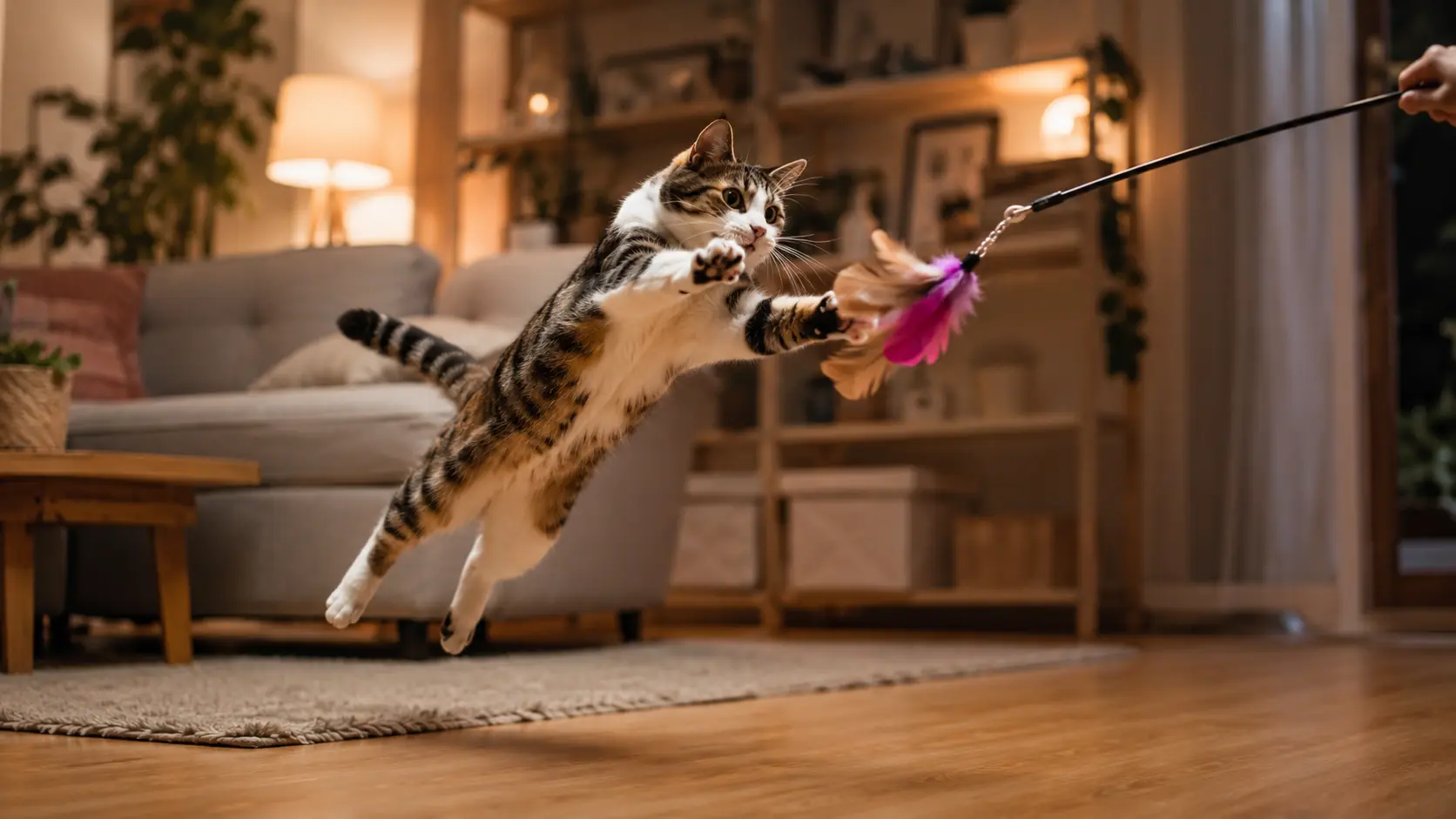 Katze spielt abends mit der Federangel gegen Zoomies
