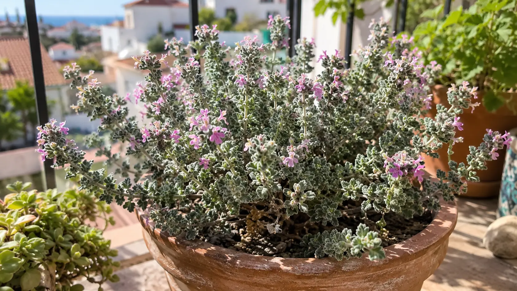 Katzengamander-Pflanze (Teucrium marum) mit silbrigen Blättern im Topf