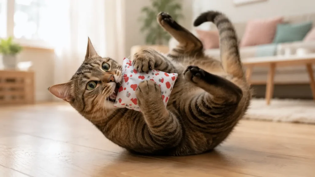Katze wälzt sich verzückt auf einem Kissen mit Katzenminze