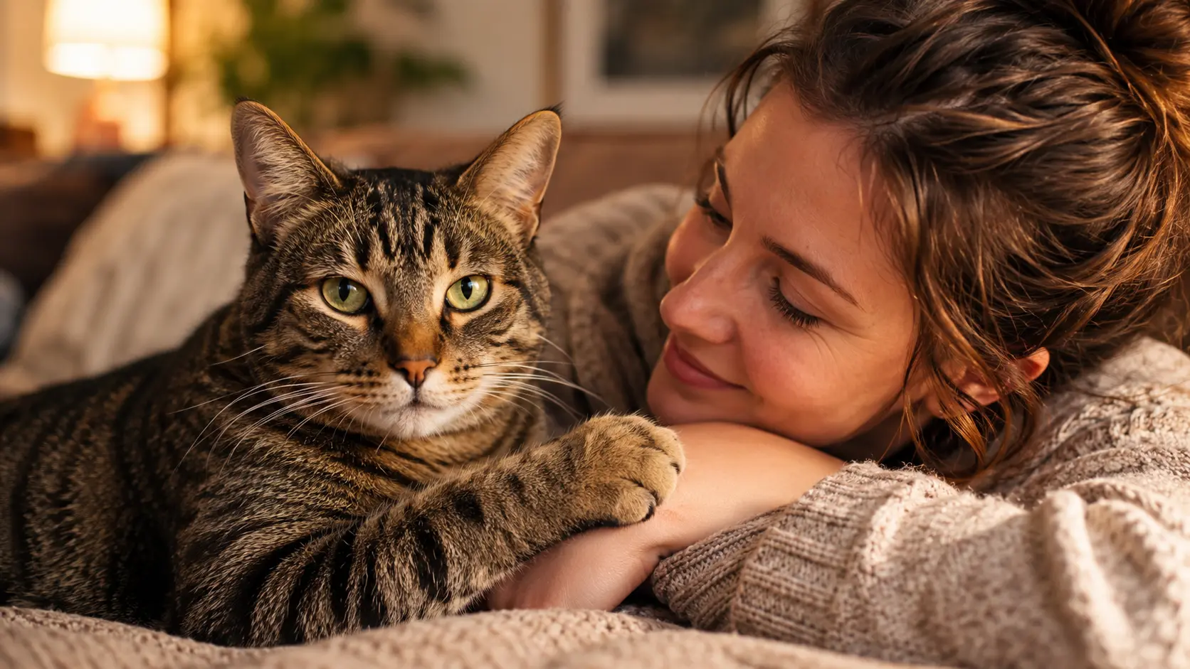 Liebesbiss Katze – Frau schmuust mit Tabby-Katze, Katze liegt entspannt auf ihrem Arm