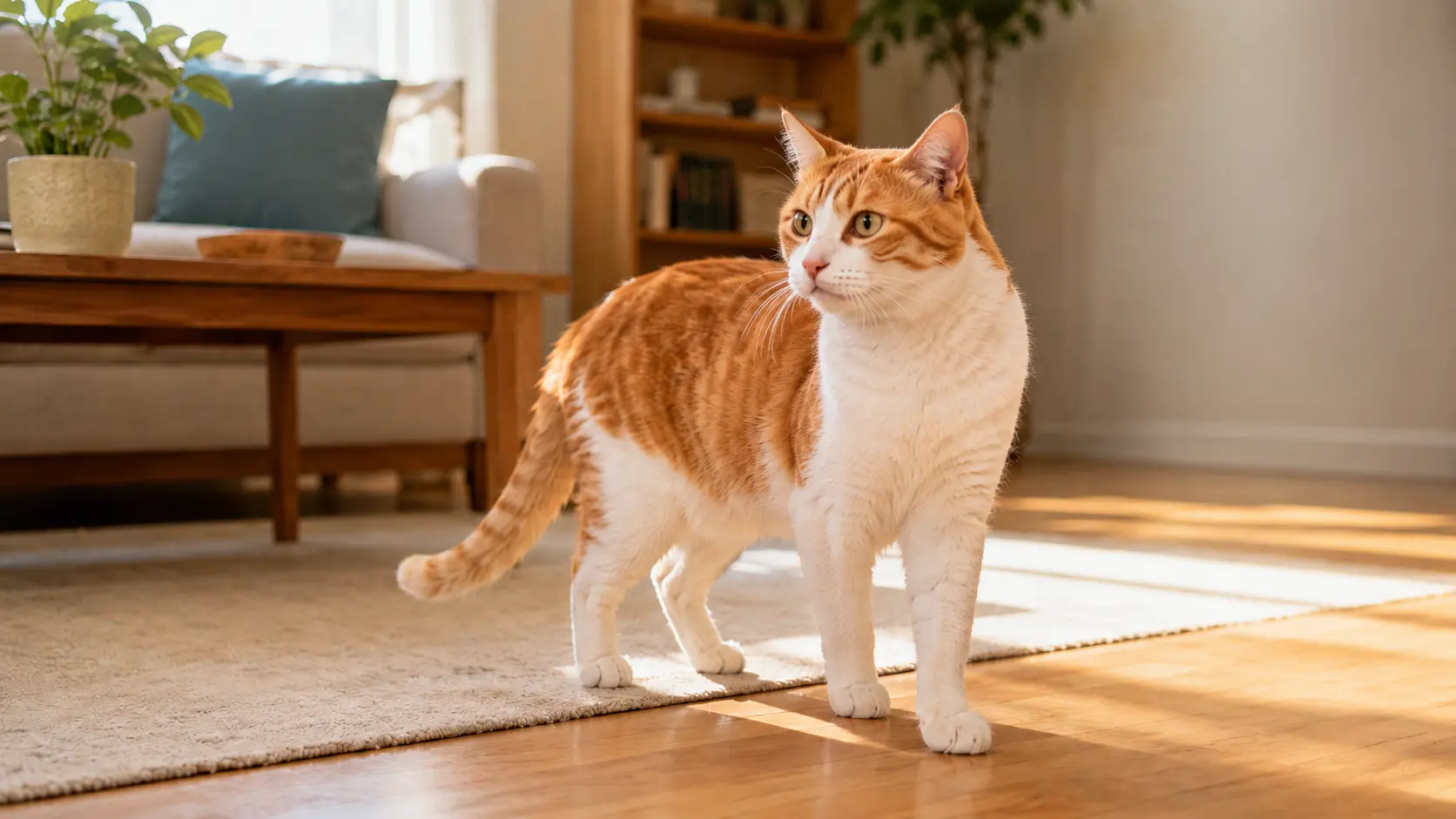 Rotweiße taube Hauskatze orientiert sich suchend im Wohnzimmer