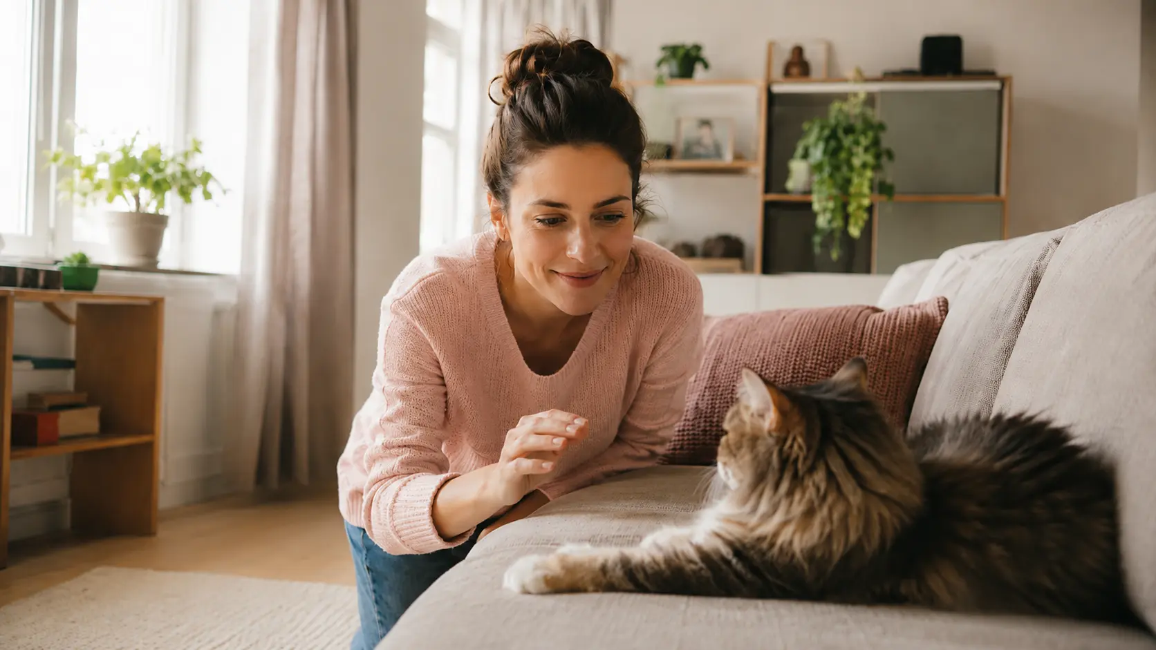 Taube Katze spielt drinnen mit ihrer Katzenmama