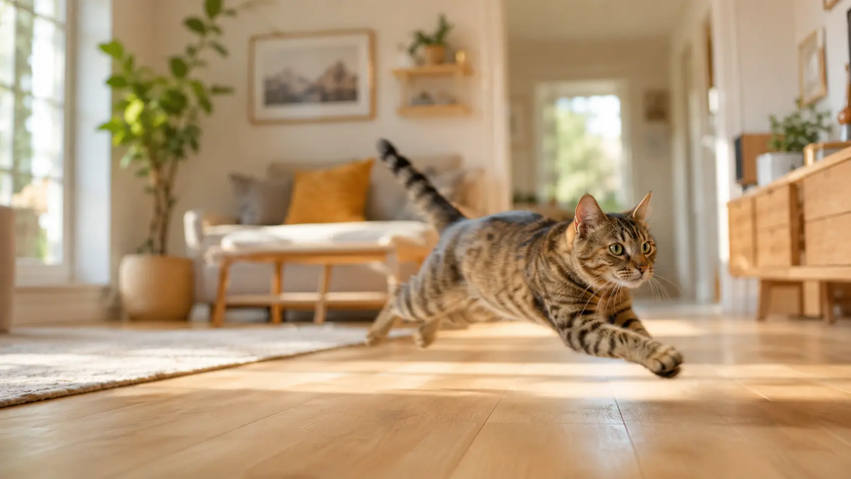 Katze mit Zoomies rennt durch ein helles Wohnzimmer