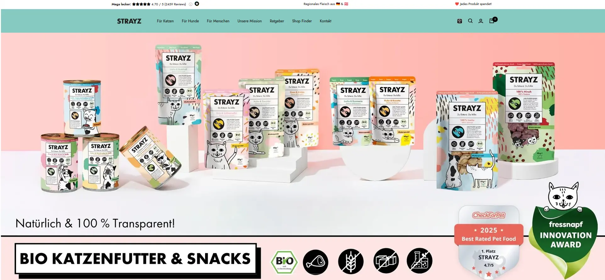 STRAYZ Onlineshop strayz.de strayz.de Startseite: Bio-Katzenfutter Shop mit Spendenzähler für Straßenkatzen