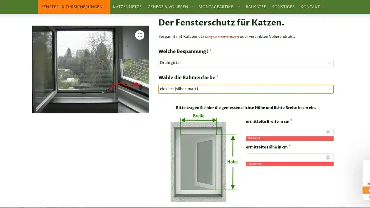Bestellformular für das Fenstergitter: Bespannung Drahtgitter und Rahmenfarbe silber-matt ausgewählt