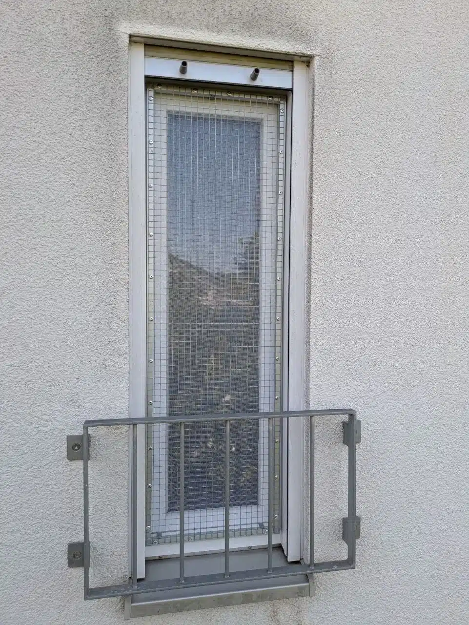Das montierte Katzengitter am Fenster von außen fotografiert, davor das französische Balkongeländer