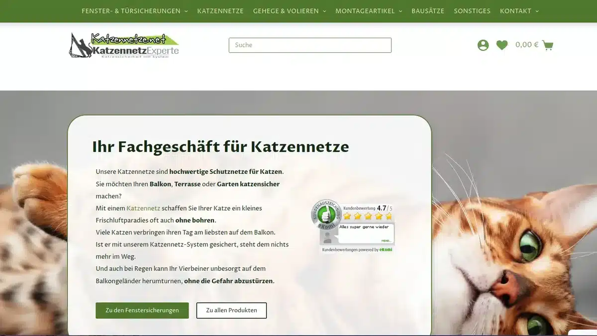 Startseite von katzennetze.net mit eKomi-Kundenbewertung von 4,7 von 5 Sternen