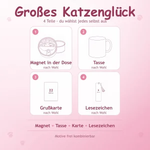 Geschenkset Großes Katzenglück mit Katzenmagnet, Tasse, Grußkarte und Lesezeichen