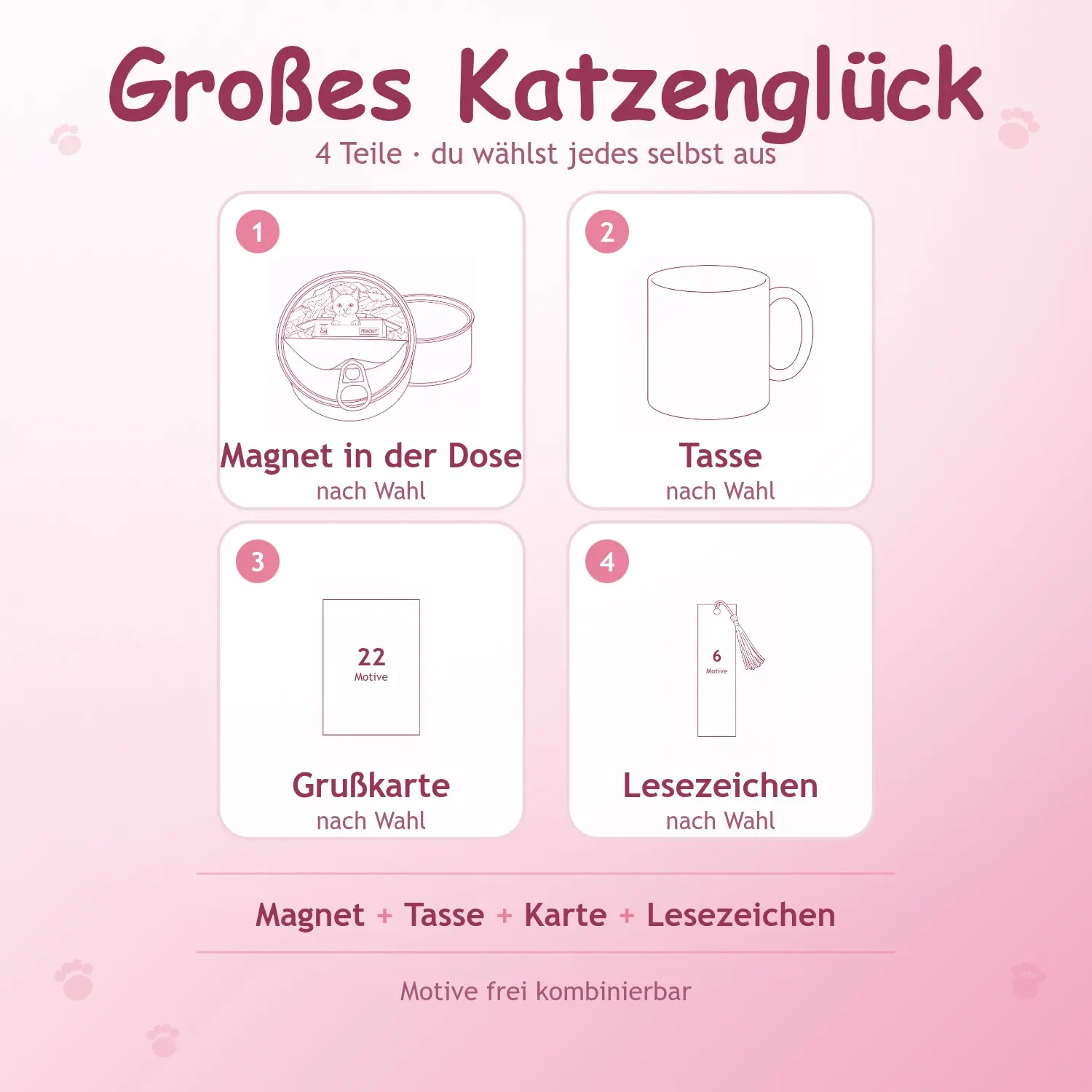 Geschenkset Großes Katzenglück mit Katzenmagnet, Tasse, Grußkarte und Lesezeichen