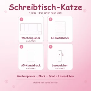 Geschenkset Schreibtisch-Katze mit Wochenplaner, Notizblock, Kunstdruck und Lesezeichen