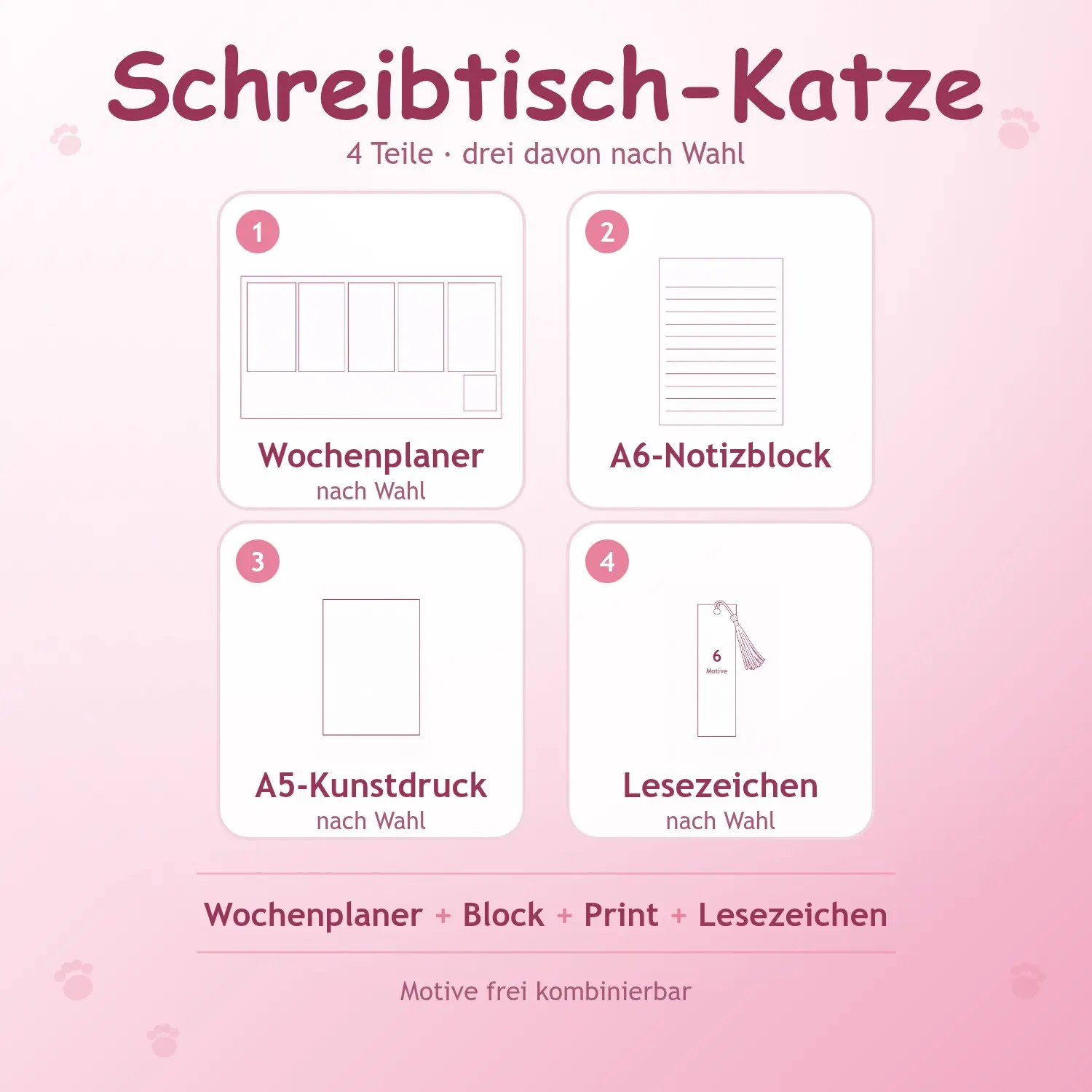 Geschenkset Schreibtisch-Katze mit Wochenplaner, Notizblock, Kühlschrankmagnet und Lesezeichen
