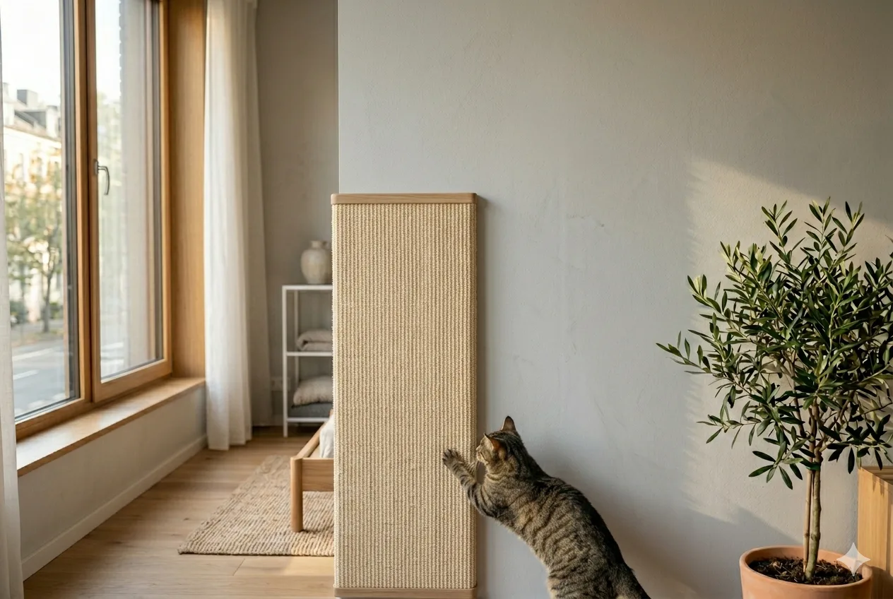 Katze streckt sich an einer modernen Sisal-Kratzwand in heller Wohnung
