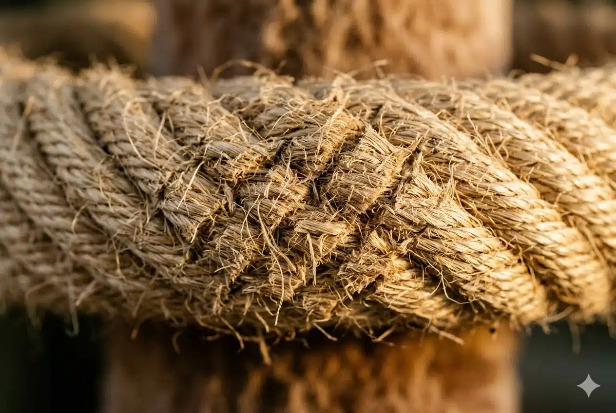 Nahaufnahme Sisal-Textur eines Kratzbretts mit Kratzspuren – natürliches Material