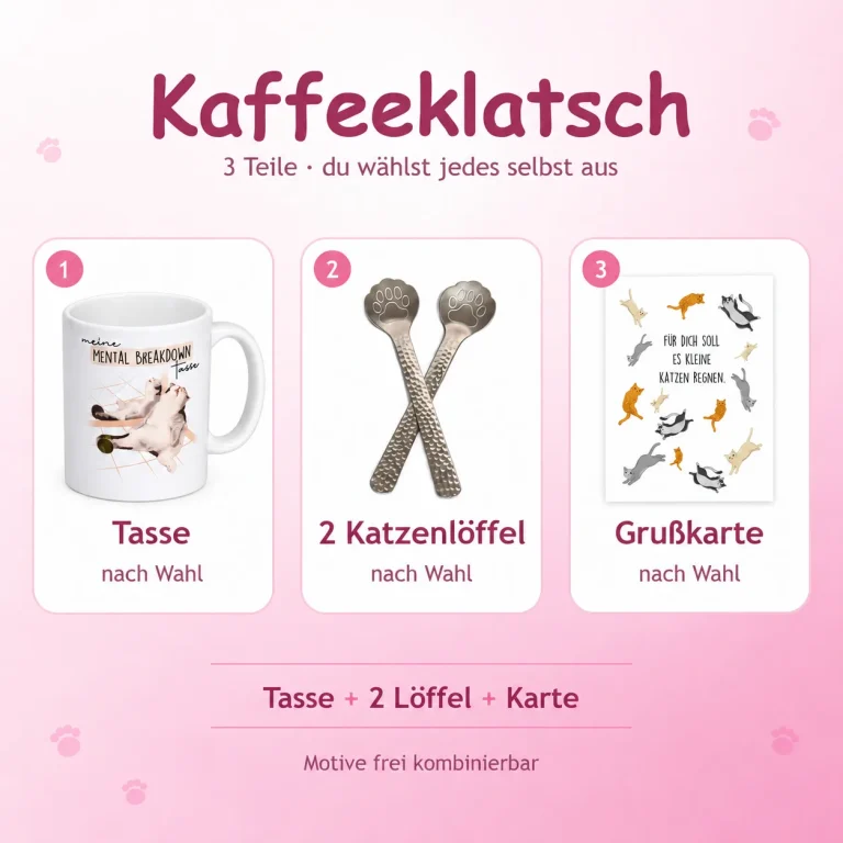 Tasse, zwei Katzenlöffel und Grußkarte im Kaffeeklatsch-Set