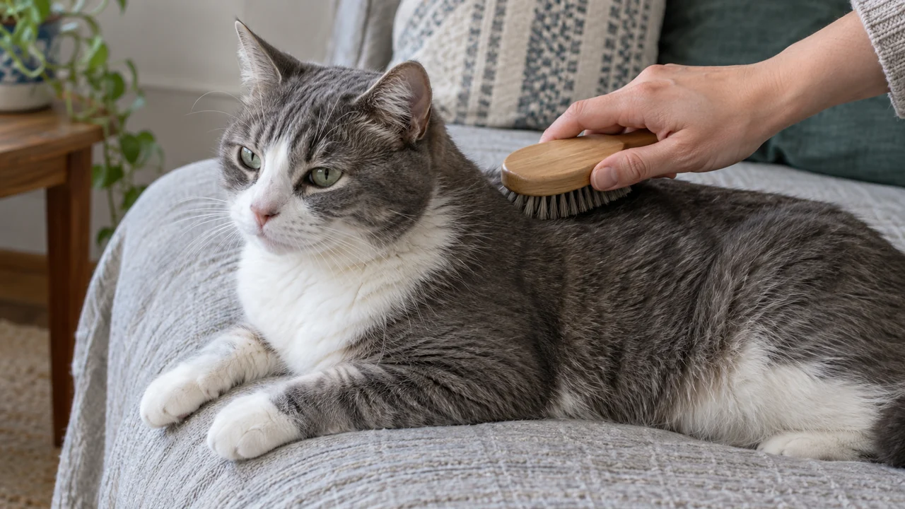Eine Hand bürstet das Rückenfell einer entspannt liegenden grau-weißen Katze.