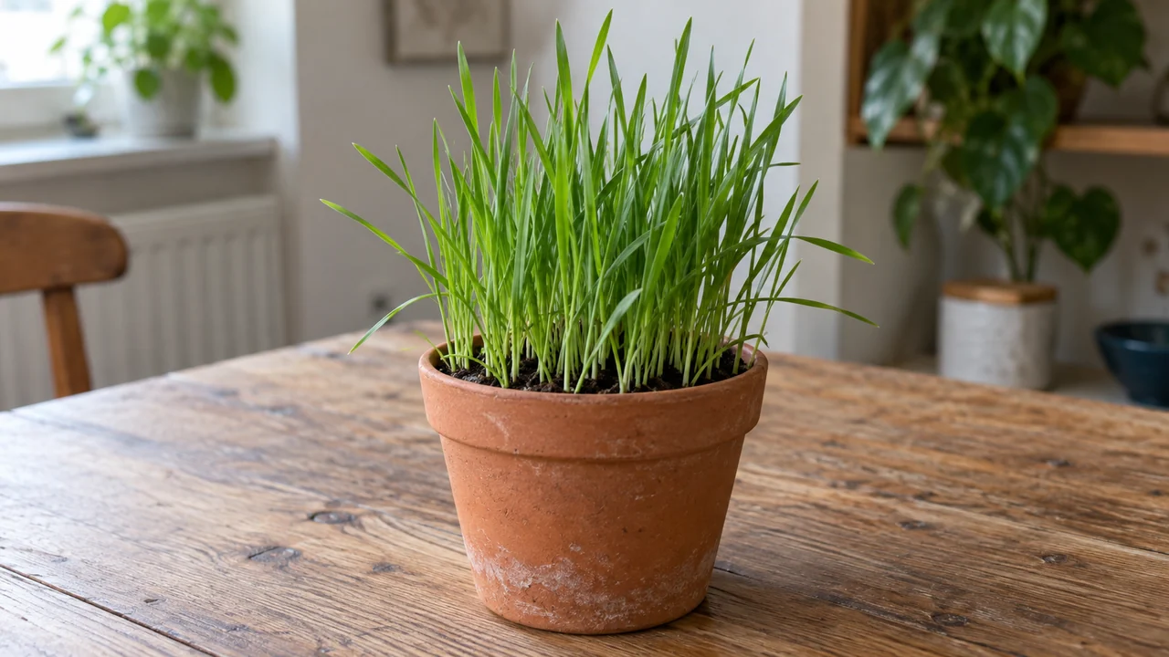Junge grüne Katzengras-Halme wachsen in einem Terrakottatopf mit sichtbarer Erde.
