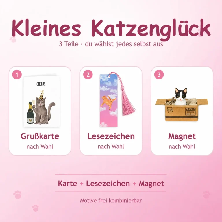 Magnet, Grußkarte und Lesezeichen im Set Kleines Katzenglück