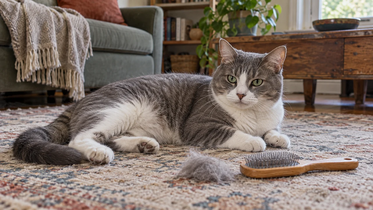 Grau-weiße Katze liegt neben einer Fellbürste und einem Büschel loser Haare.