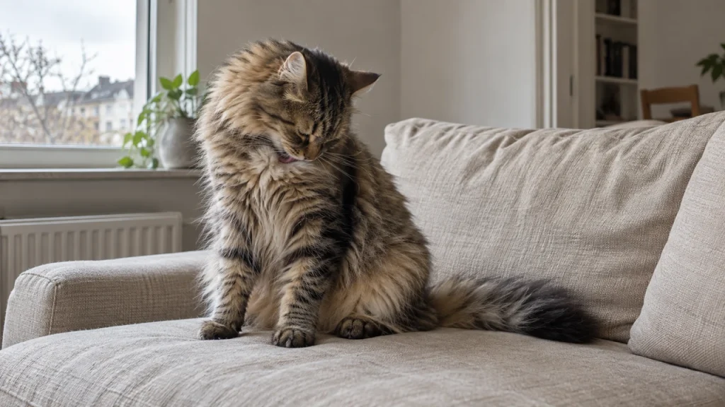 Langhaarige braune Katze putzt ihr Brustfell auf einem Sofa am Fenster.