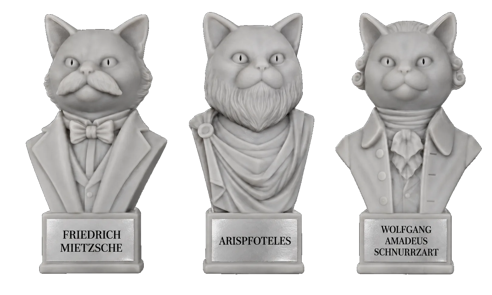 Drei Katzenbüsten-Magnete: Friedrich Mietzsche, Arispfoteles und Wolfgang Amadeus Schnurrzart